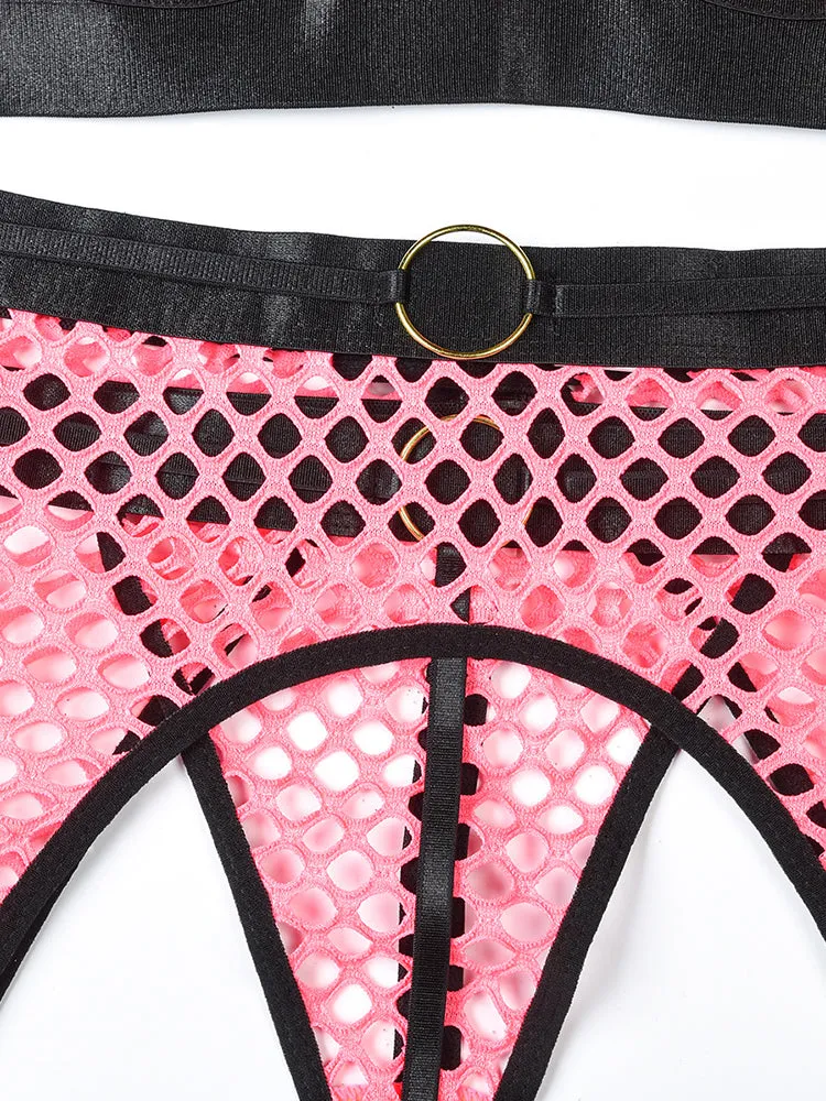 Sexy Hollow Fishing Net Underwire Lingerie Thong Set