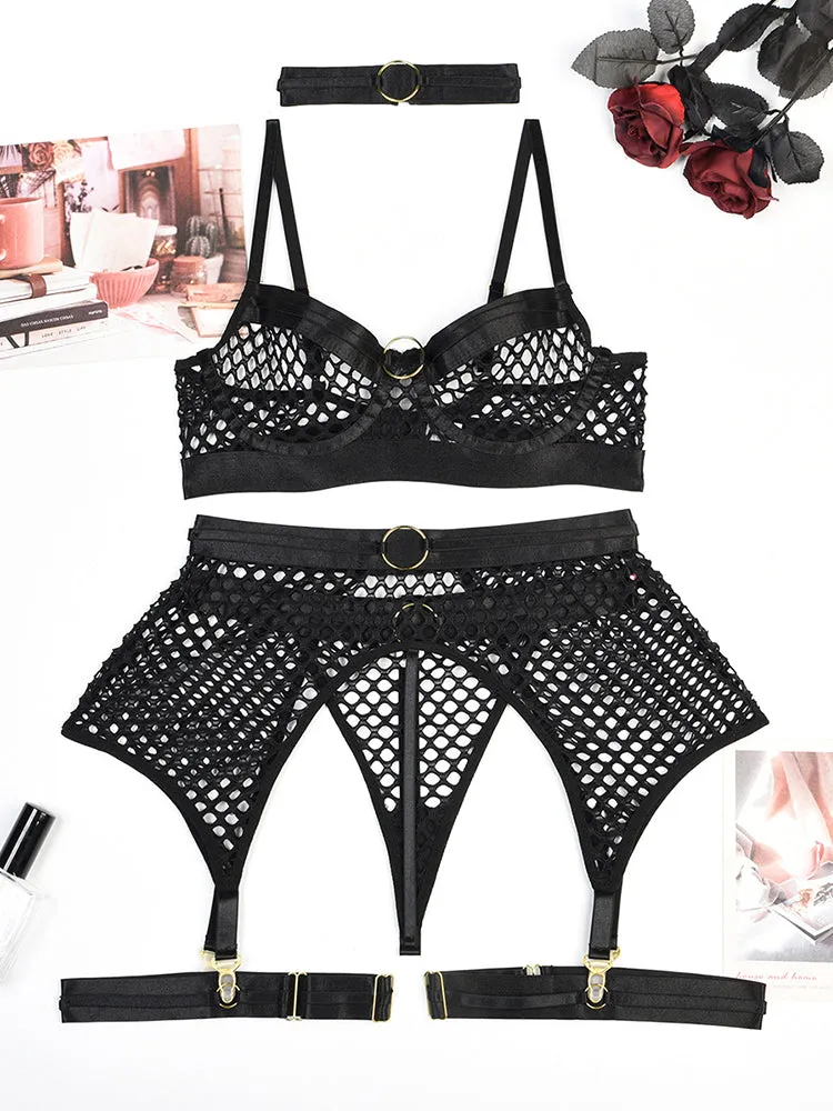 Sexy Hollow Fishing Net Underwire Lingerie Thong Set