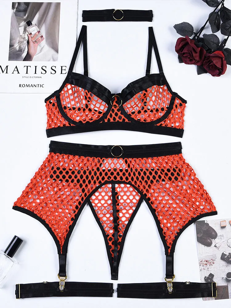 Sexy Hollow Fishing Net Underwire Lingerie Thong Set