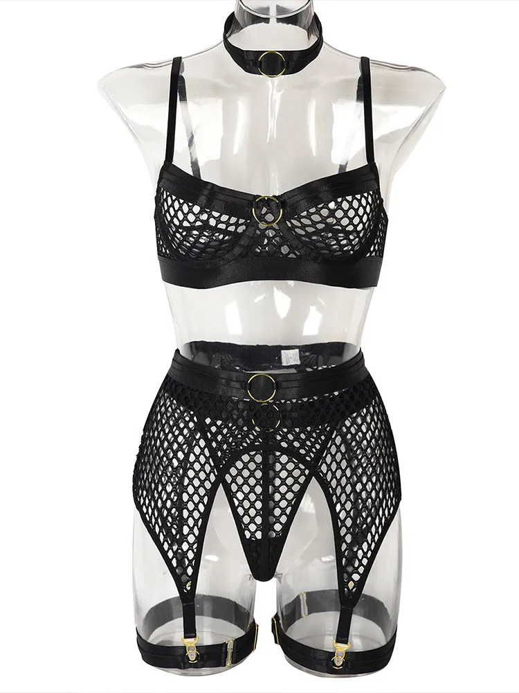 Sexy Hollow Fishing Net Underwire Lingerie Thong Set