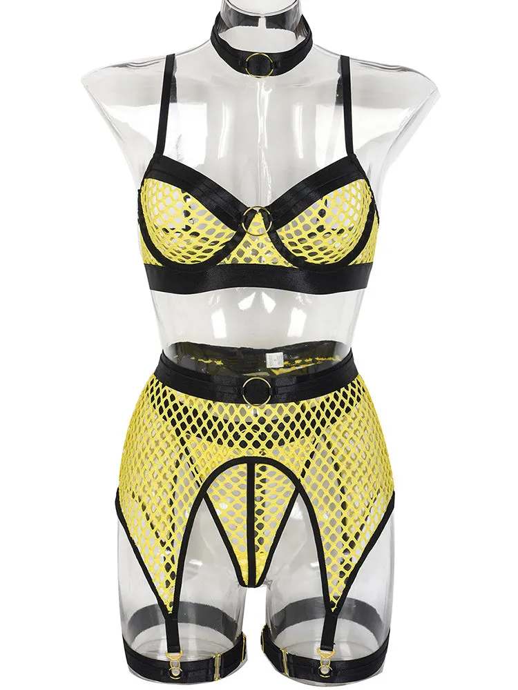 Sexy Hollow Fishing Net Underwire Lingerie Thong Set