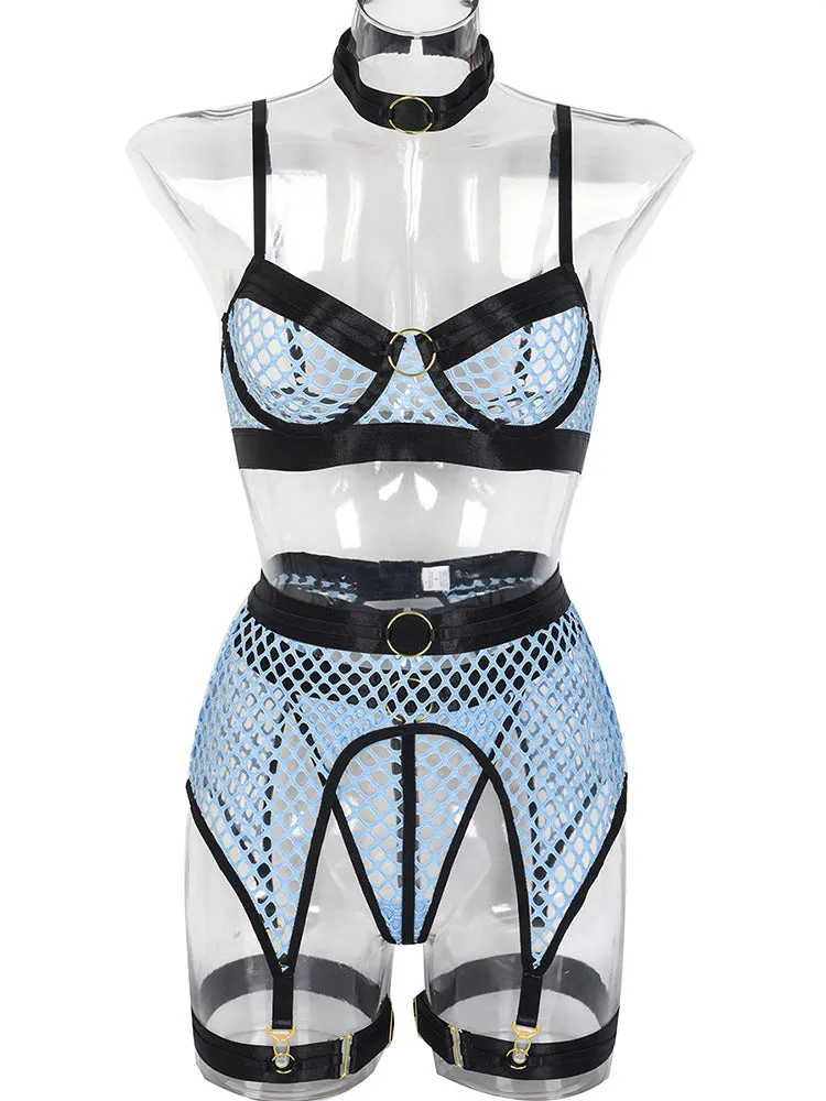 Sexy Hollow Fishing Net Underwire Lingerie Thong Set