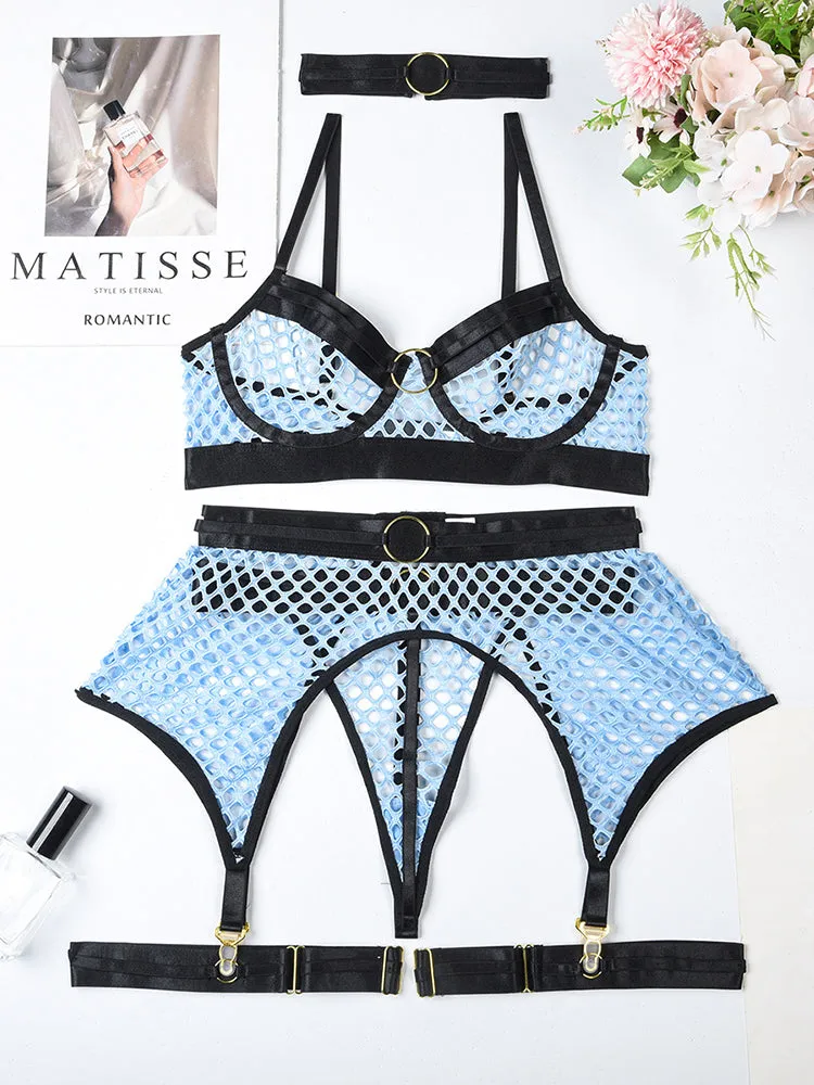 Sexy Hollow Fishing Net Underwire Lingerie Thong Set